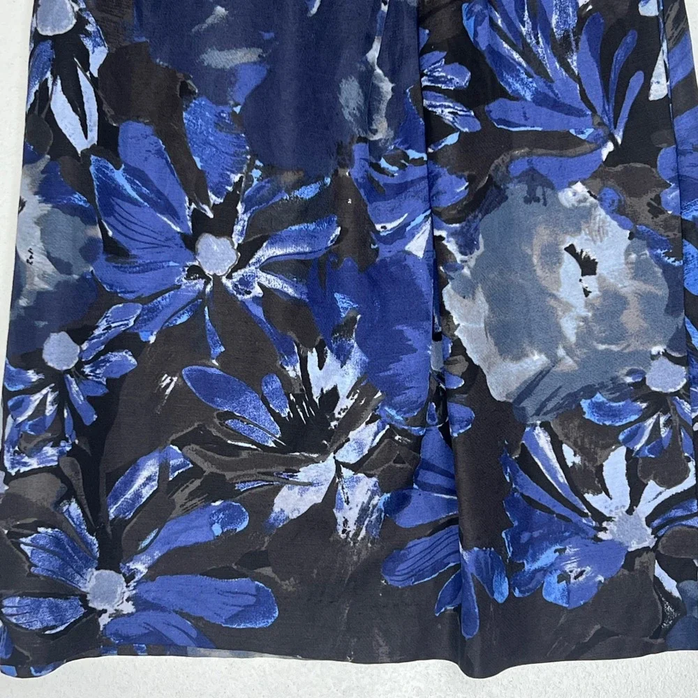 Banana Republic Mad Men Linen Blend Floral Dress Petite Fit Flare Blue‎ Black 4P